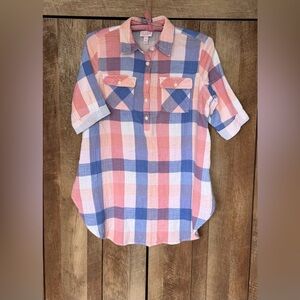 Isabel Maternity Blouse Top Shirt in Pink and Blue Plaid. Size M